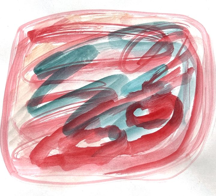 Poppy: red loops with teal. Watercolour by Zeynep Özdem Sözmen.